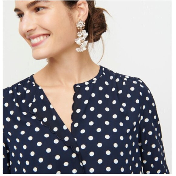 J. Crew Navy Polka Dot Long Sleeve Drapey Scalloped Blouse Size XS - Picture 3 of 10